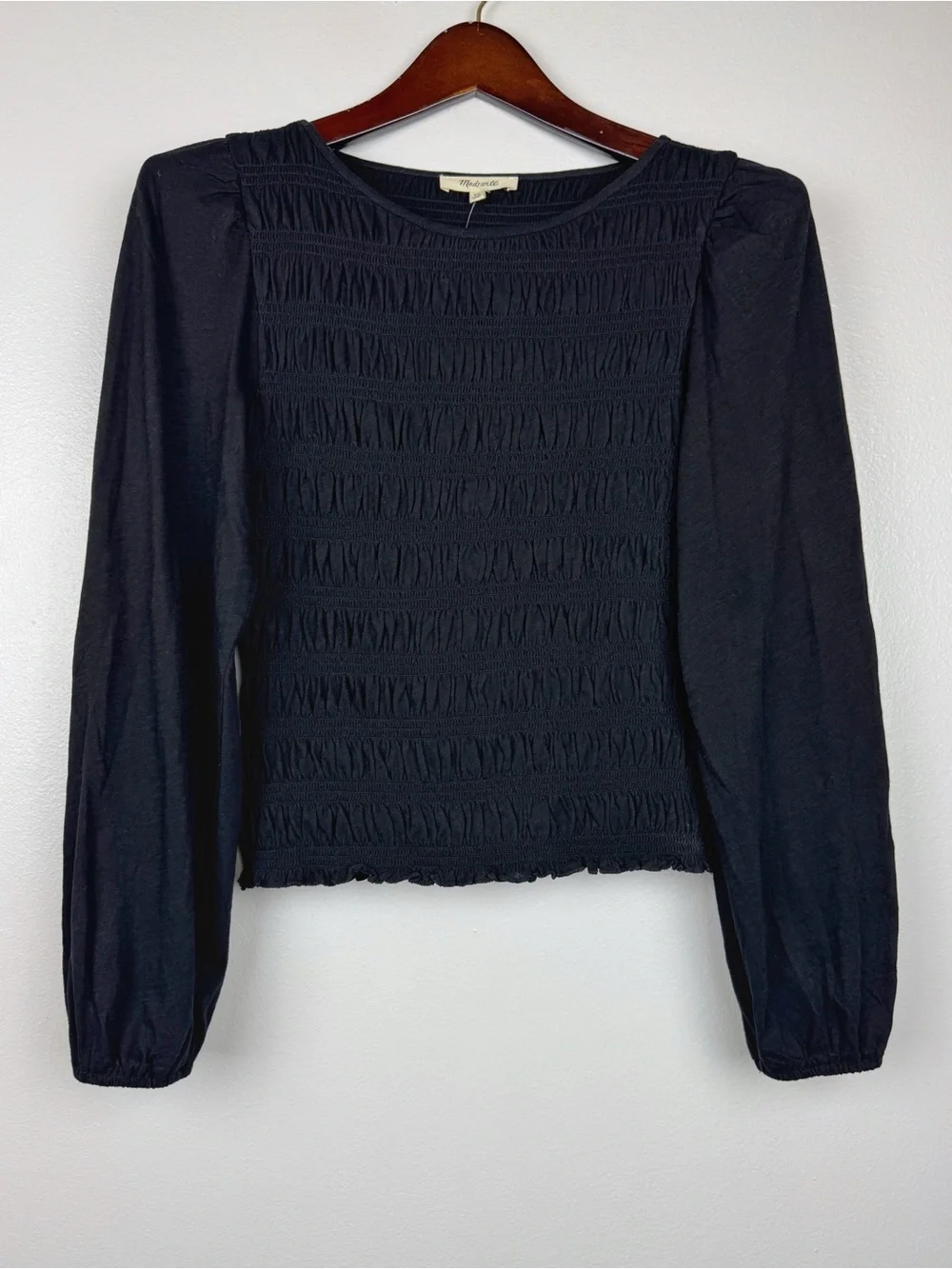 Madewell Smocked Cotton Boatneck Puff Sleeves Slim Fit Top Black Size XS NWT